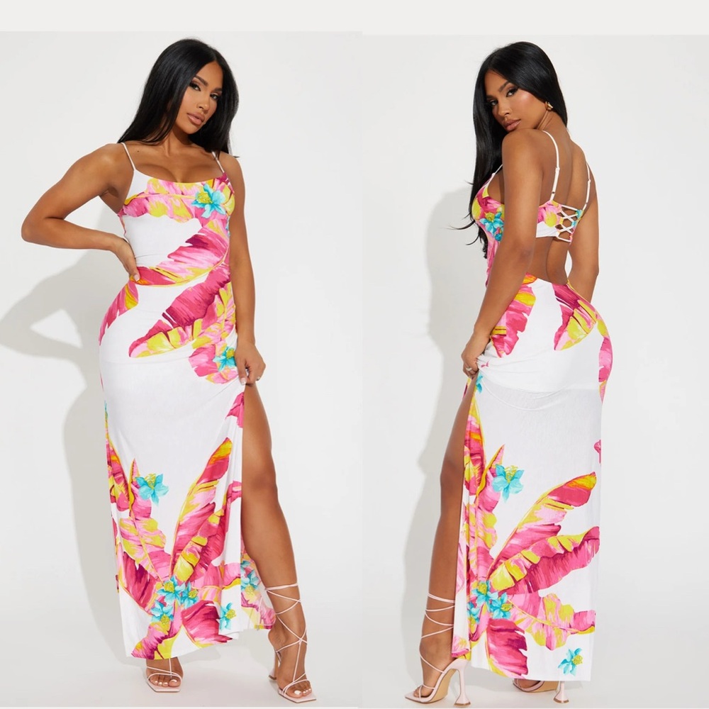 Briella Tropical Maxi Dress - Fuchsia/combo - Large